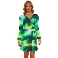 Lake Storm Neon Long Sleeve Waist Tie Ruffle Velvet Dress by Bangk1t