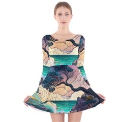 Tree Wave Ocean Long Sleeve Velvet Skater Dress