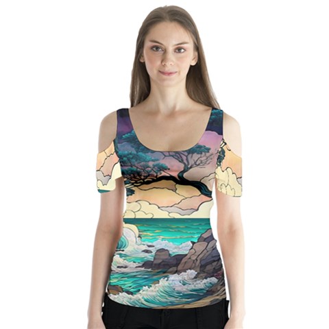 Tree Wave Ocean Butterfly Sleeve Cutout T-shirt  by Bangk1t