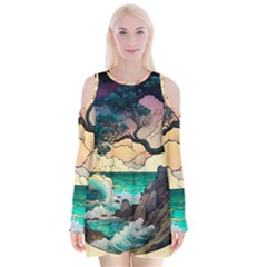 Tree Wave Ocean Velvet Long Sleeve Shoulder Cutout Dress