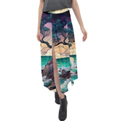 Tree Wave Ocean Velour Split Maxi Skirt by Bangk1t