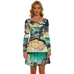 Tree Wave Ocean Long Sleeve Wide Neck Velvet Dress by Bangk1t