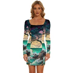 Tree Wave Ocean Long Sleeve Square Neck Bodycon Velvet Dress