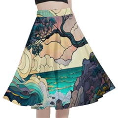 Tree Wave Ocean A-line Full Circle Midi Skirt With Pocket