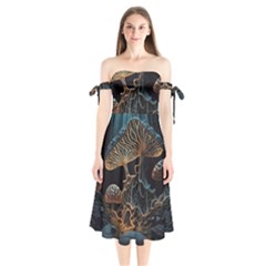 Forest Mushroom Wood Shoulder Tie Bardot Midi Dress by Bangk1t