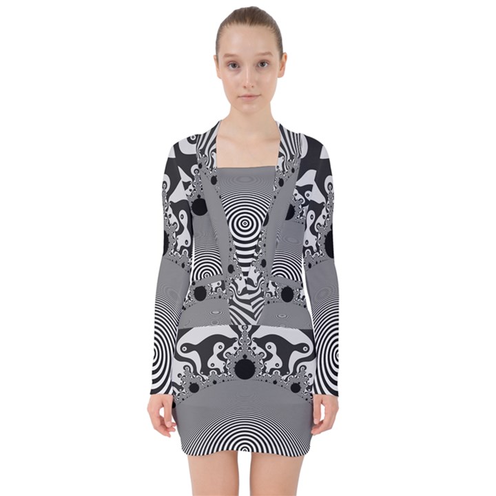 Pattern Illusion Fractal Mandelbrot V-neck Bodycon Long Sleeve Dress