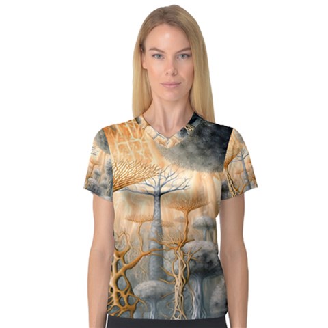 Garden Mushrooms Tree Flower V-neck Sport Mesh T-shirt by Bangk1t