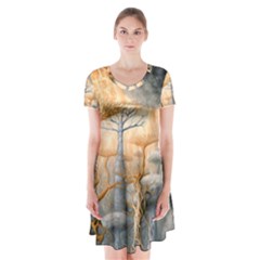 Garden Mushrooms Tree Flower Short Sleeve V-neck Flare Dress by Bangk1t