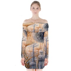 Garden Mushrooms Tree Flower Long Sleeve Off Shoulder Dress by Bangk1t