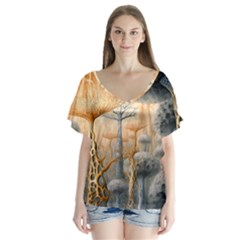 Garden Mushrooms Tree Flower V-neck Flutter Sleeve Top by Bangk1t