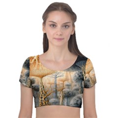 Garden Mushrooms Tree Flower Velvet Short Sleeve Crop Top  by Bangk1t