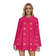 Heart Pattern Design Round Neck Long Sleeve Bohemian Style Chiffon Mini Dress by Ravend