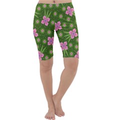 Pink Flower Background Pattern Cropped Leggings  by Ravend