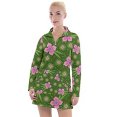 Pink Flower Background Pattern Women s Long Sleeve Casual Dress by Ravend