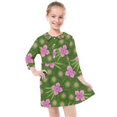 Pink Flower Background Pattern Kids  Quarter Sleeve Shirt Dress by Ravend