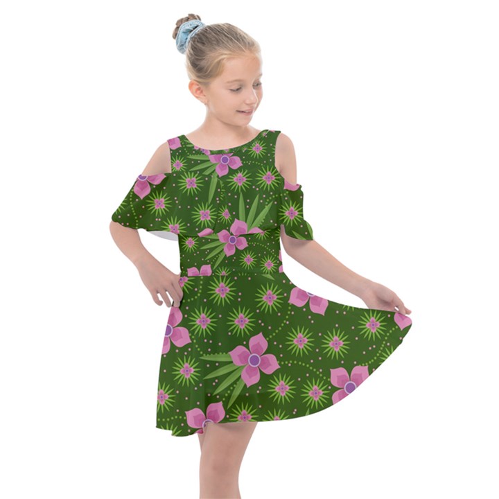 Pink Flower Background Pattern Kids  Shoulder Cutout Chiffon Dress