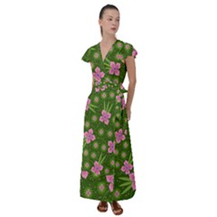 Pink Flower Background Pattern Flutter Sleeve Maxi Dress by Ravend