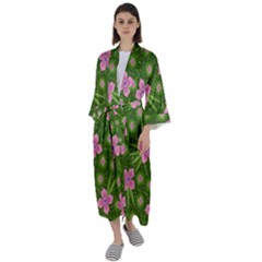 Pink Flower Background Pattern Maxi Satin Kimono by Ravend