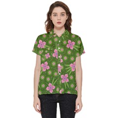 Pink Flower Background Pattern Short Sleeve Pocket Shirt by Ravend