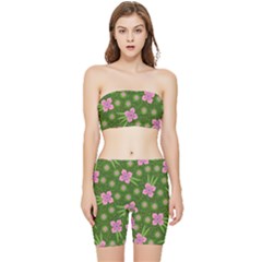 Pink Flower Background Pattern Stretch Shorts And Tube Top Set by Ravend