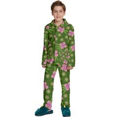 Pink Flower Background Pattern Kids  Long Sleeve Velvet Pajamas Set by Ravend