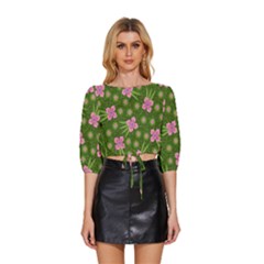 Pink Flower Background Pattern Mid Sleeve Drawstring Hem Top by Ravend