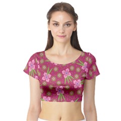 Flower Background Pattern Pink Short Sleeve Crop Top by Ravend