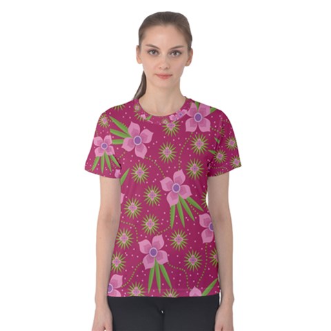 Flower Background Pattern Pink Women s Cotton T-shirt by Ravend