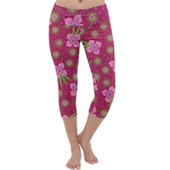 Flower Background Pattern Pink Capri Yoga Leggings by Ravend