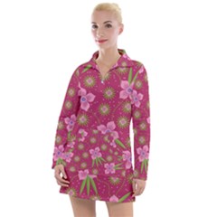 Flower Background Pattern Pink Women s Long Sleeve Casual Dress by Ravend