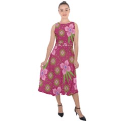 Flower Background Pattern Pink Midi Tie-back Chiffon Dress by Ravend