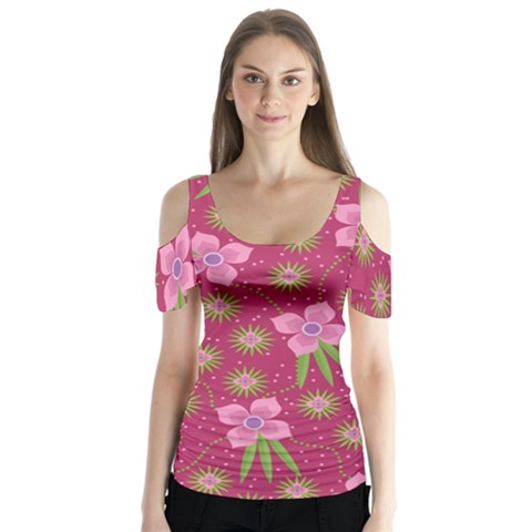 Flower Background Pattern Pink Butterfly Sleeve Cutout T-shirt  by Ravend