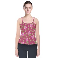 Flower Background Pattern Pink Velvet Spaghetti Strap Top by Ravend