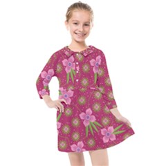 Flower Background Pattern Pink Kids  Quarter Sleeve Shirt Dress by Ravend