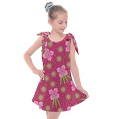 Flower Background Pattern Pink Kids  Tie Up Tunic Dress by Ravend