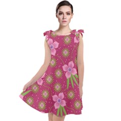 Flower Background Pattern Pink Tie Up Tunic Dress by Ravend