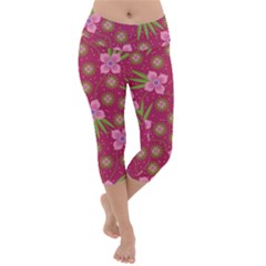 Flower Background Pattern Pink Lightweight Velour Capri Yoga Leggings by Ravend