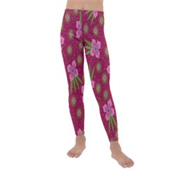 Flower Background Pattern Pink Kids  Lightweight Velour Leggings by Ravend