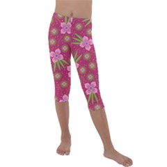 Flower Background Pattern Pink Kids  Lightweight Velour Capri Leggings  by Ravend