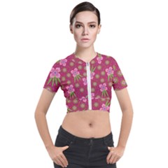 Flower Background Pattern Pink Short Sleeve Cropped Jacket by Ravend