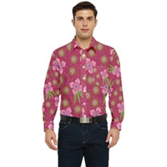 Flower Background Pattern Pink Men s Long Sleeve Pocket Shirt  by Ravend