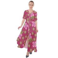 Flower Background Pattern Pink Waist Tie Boho Maxi Dress by Ravend