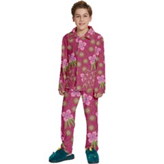 Flower Background Pattern Pink Kids  Long Sleeve Velvet Pajamas Set by Ravend