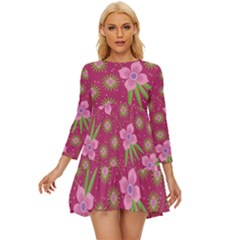 Flower Background Pattern Pink Long Sleeve Babydoll Dress by Ravend