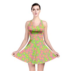 Pink Flower Background Green Pattern Reversible Skater Dress by Ravend