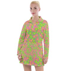 Pink Flower Background Green Pattern Women s Long Sleeve Casual Dress by Ravend