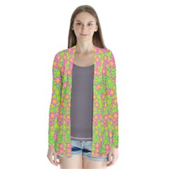 Pink Flower Background Green Pattern Drape Collar Cardigan by Ravend