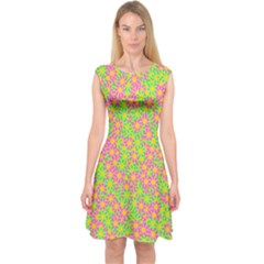 Pink Flower Background Green Pattern Capsleeve Midi Dress by Ravend