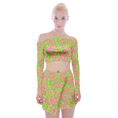 Pink Flower Background Green Pattern Off Shoulder Top With Mini Skirt Set by Ravend