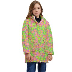 Pink Flower Background Green Pattern Kids  Hooded Longline Puffer Jacket by Ravend